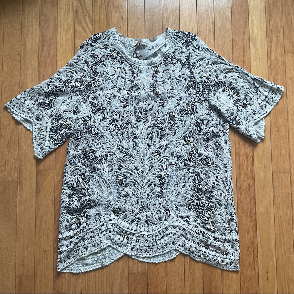 Solitaire White Floral Embroidered Scallop Hem Tunic Blouse Boho Cottage 1X